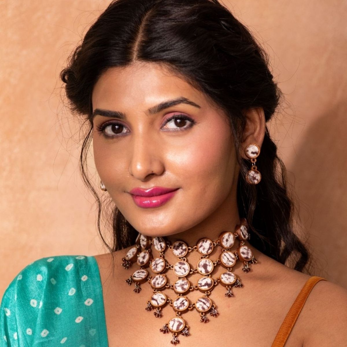 Brown Tie and Dye Repurposed Wood Fabric Necklace Earrings Combo – Womens Earrings on Brown Living™. SKU: JCC043. Img 1.