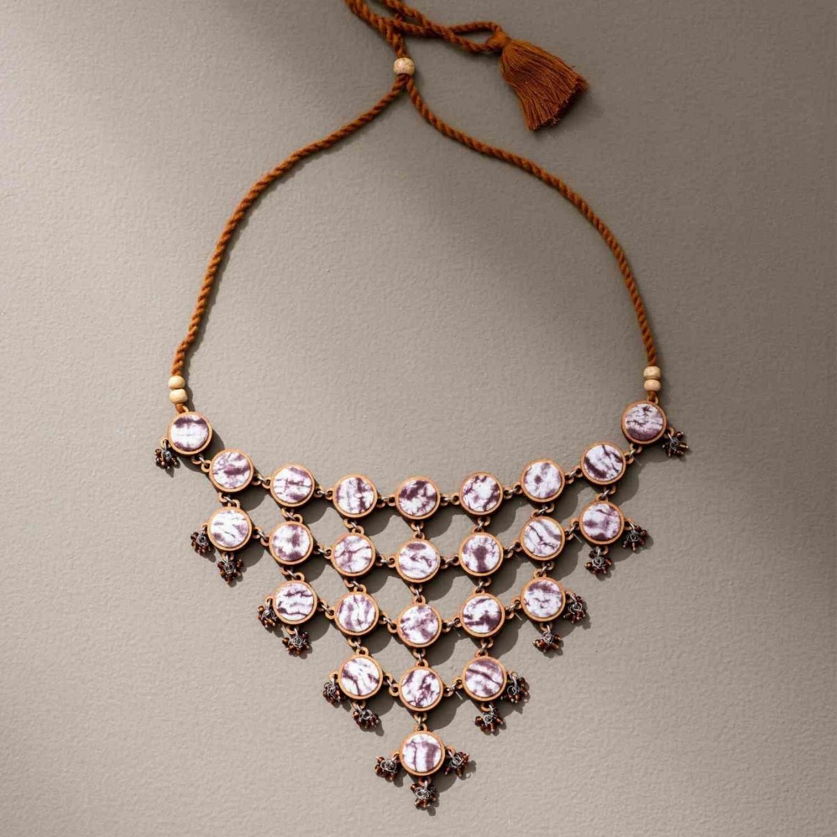 Brown Tie and Dye Repurposed Wood Fabric Necklace Earrings Combo – Womens Earrings on Brown Living™. SKU: JCC043. Img 3.