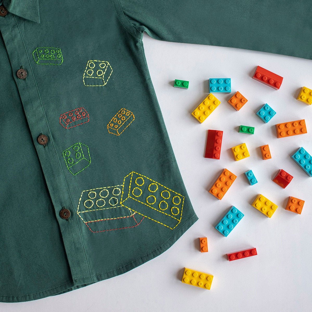 Building Blocks Embroidered Unisex Organic Cotton Shirt - Bottle Green | Verified Sustainable by Brown Living™