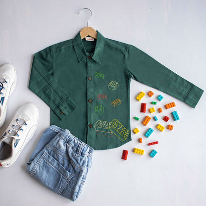 Building Blocks Embroidered Unisex Organic Cotton Shirt - Bottle Green | Verified Sustainable by Brown Living™