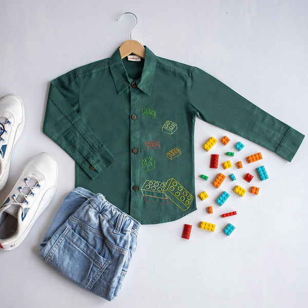 Building Blocks Embroidered Unisex Organic Cotton Shirt- Bottle Green | Verified Sustainable Kids Shirts on Brown Living™