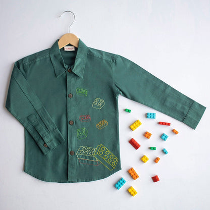 Building Blocks Embroidered Unisex Organic Cotton Shirt - Bottle Green | Verified Sustainable by Brown Living™