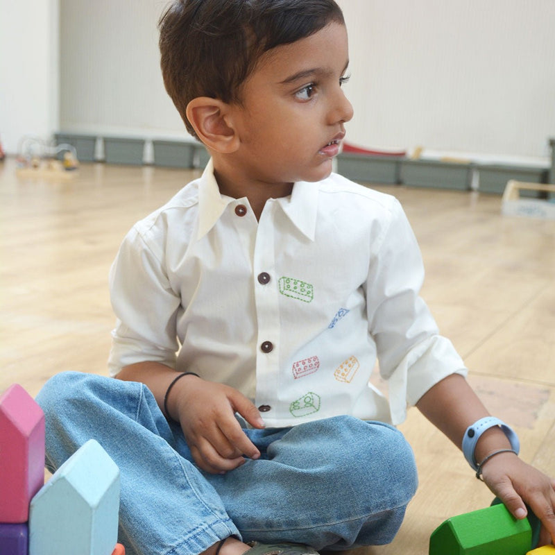 Building Blocks Embroidered Unisex Organic Cotton Shirt- White | Verified Sustainable Kids Shirts on Brown Living™