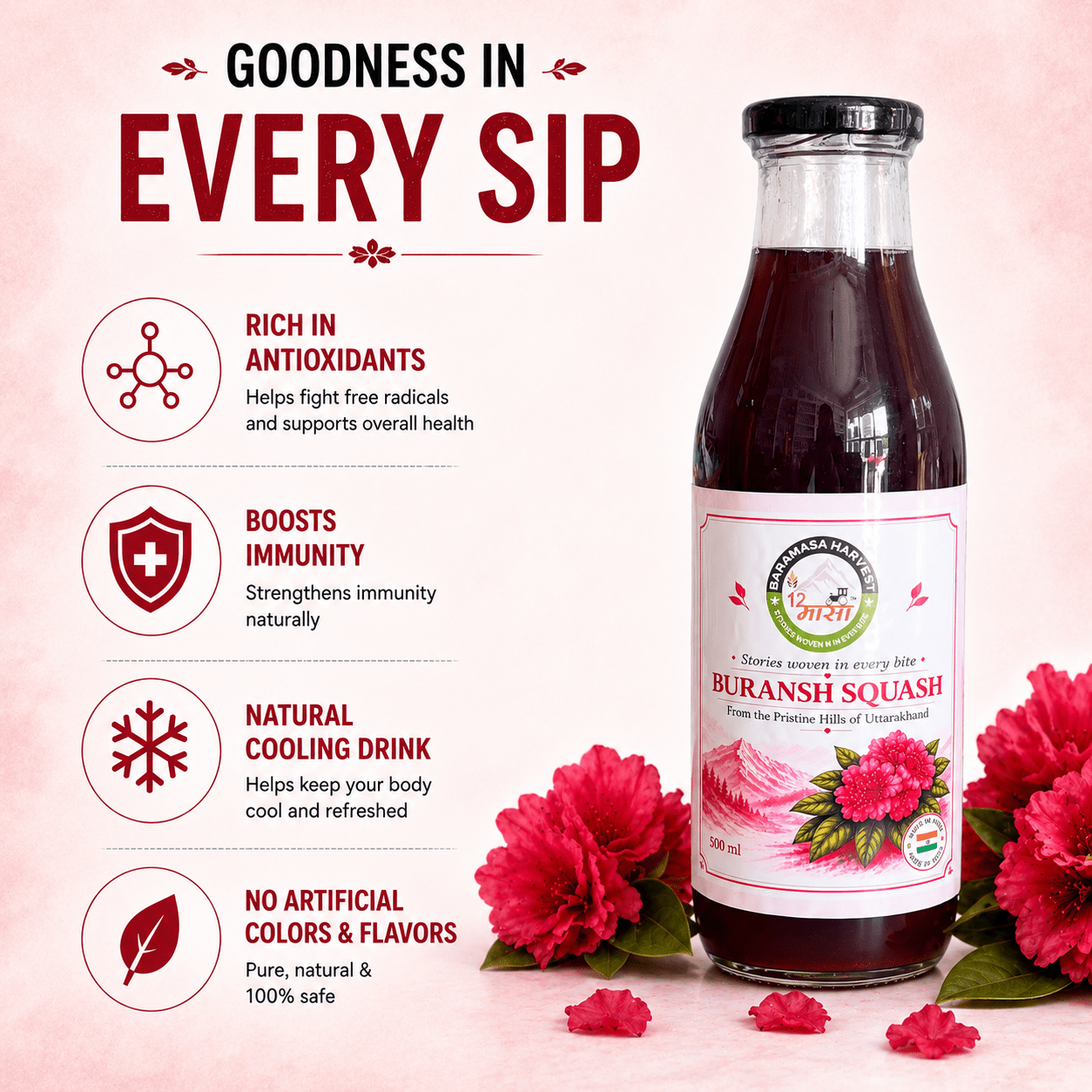 Buransh Squash | Rhododendron Flower Squash | Natural Fruit Drink – Fruit Juices, Drinks & Concentrates on Brown Living™. SKU: BH-BURANSH-SQ-001. Img 2.