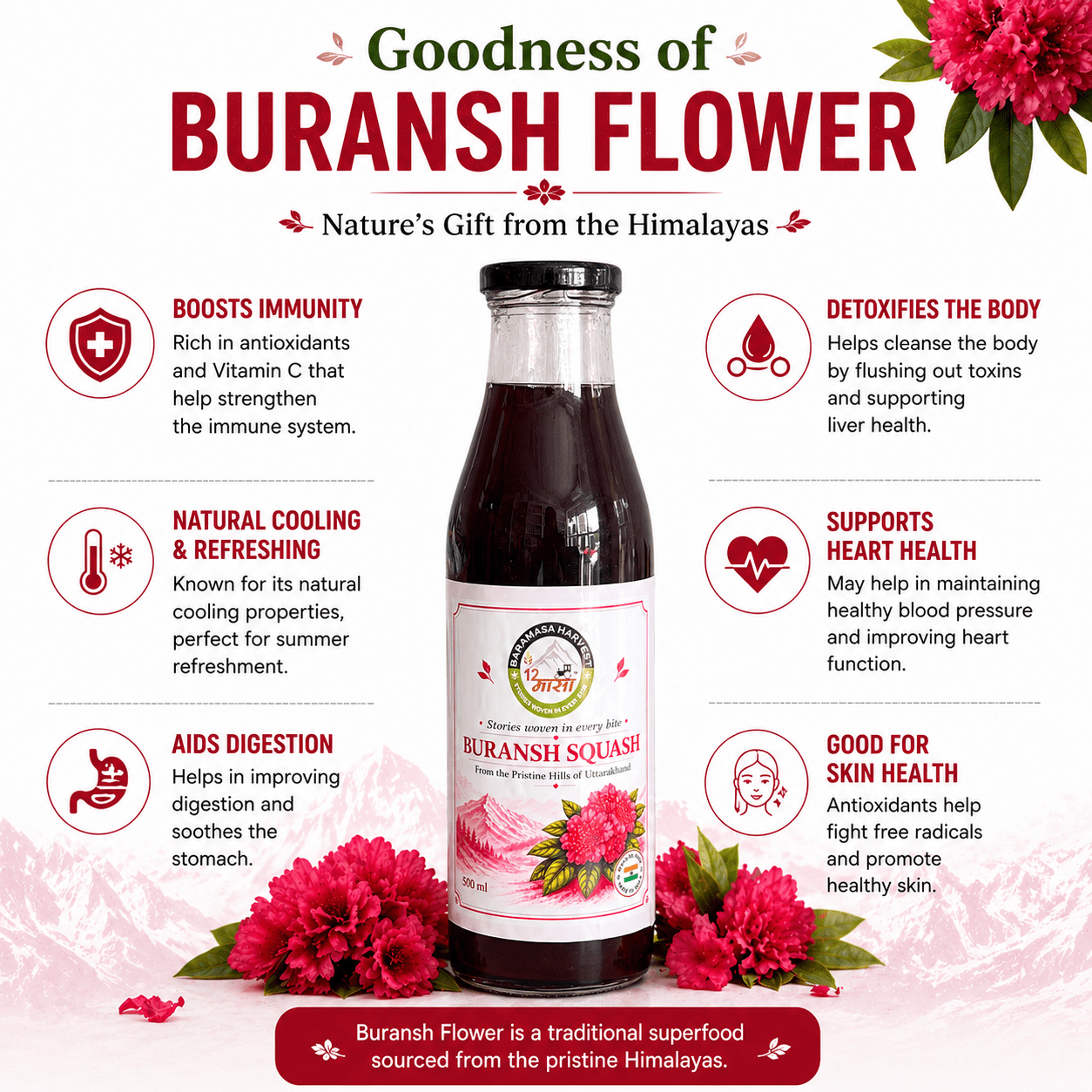 Buransh Squash | Rhododendron Flower Squash | Natural Fruit Drink – Fruit Juices, Drinks & Concentrates on Brown Living™. SKU: BH-BURANSH-SQ-001. Img 5.