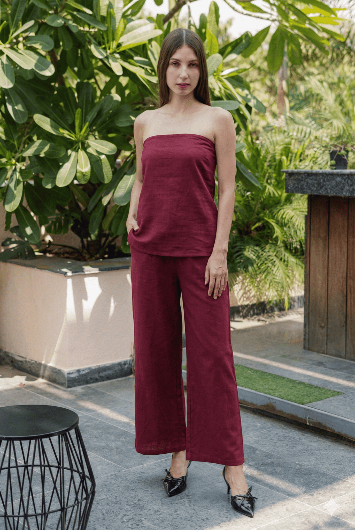 Burgandy Strapless Top & Wide - Leg Trousers | Versatile Co - Ord Set – Womens Co - Ord Sets on Brown Living™. SKU: BL_HOA72. Img 2.