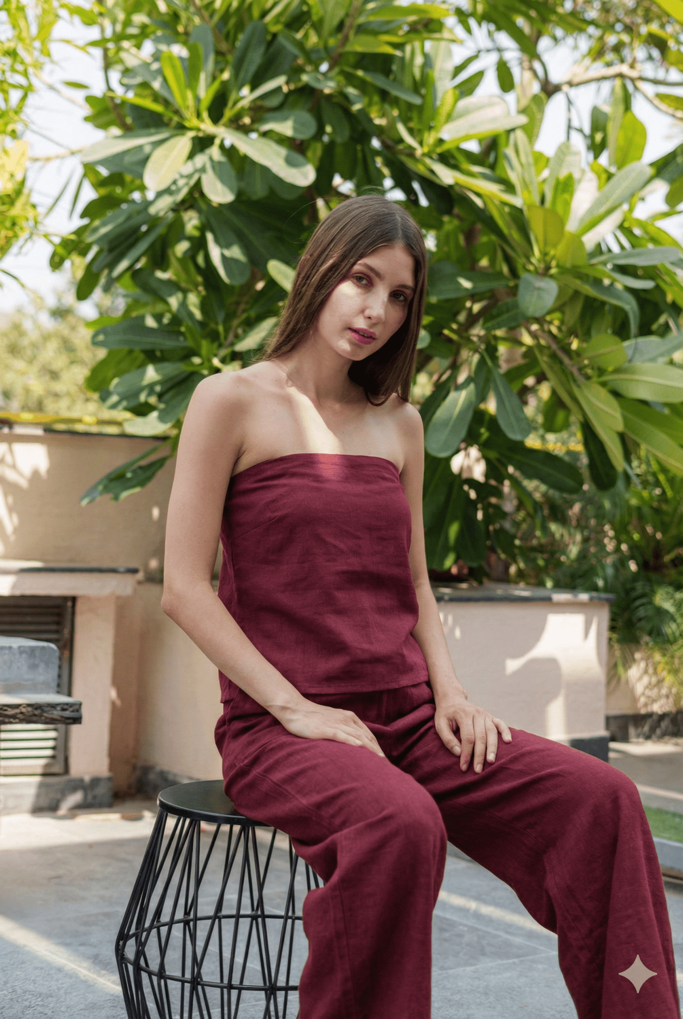 Burgandy Strapless Top & Wide - Leg Trousers | Versatile Co - Ord Set – Womens Co - Ord Sets on Brown Living™. SKU: BL_HOA72. Img 1.