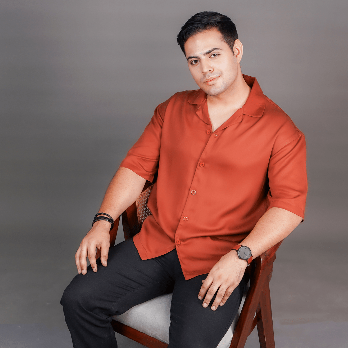 Burnt Orange Relaxed Fit Tencel Cuban Collar Shirt – Men Shirt on Brown Living™. SKU: DS1054_S. Img 1.
