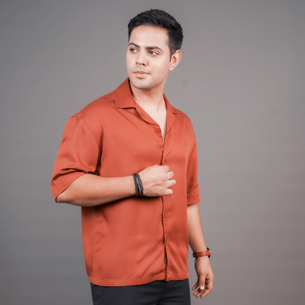 Burnt Orange Relaxed Fit Tencel Cuban Collar Shirt – Men Shirt on Brown Living™. SKU: DS1054_S. Img 2.