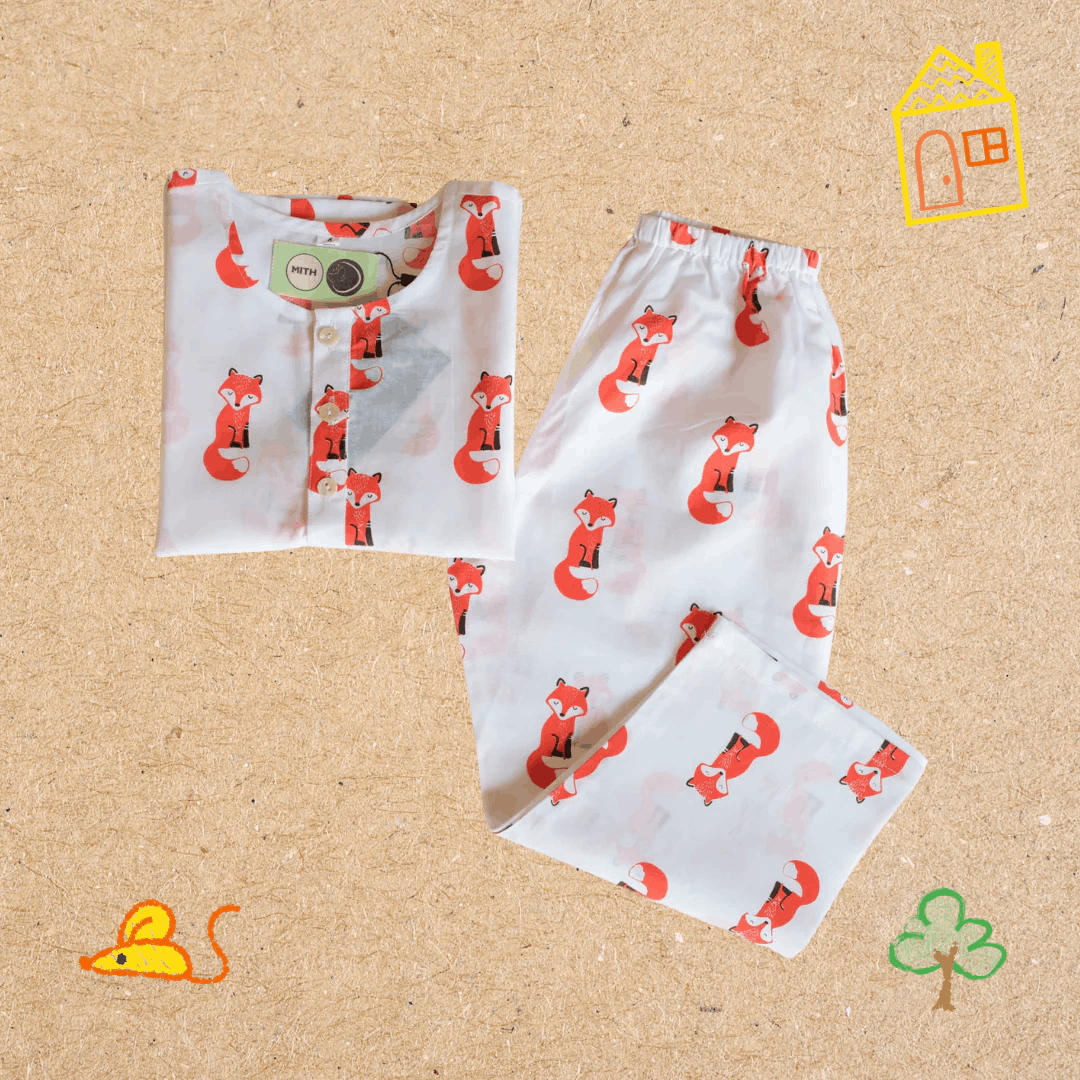 Bushy Fox - Unisex Kids Cotton Nightwear – Kids Pyjamas on Brown Living™. SKU: MITHNW-026-1. Img 2.