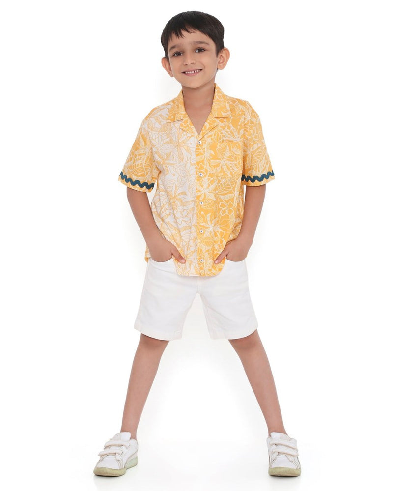 Buttercup Floral Printed Cotton Shirt with Cuban Collar | Verified Sustainable Kids Shirts on Brown Living™