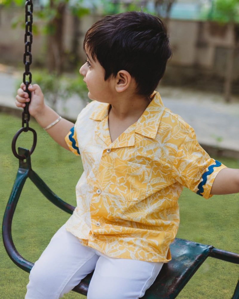 Buttercup Floral Printed Cotton Shirt with Cuban Collar | Verified Sustainable Kids Shirts on Brown Living™