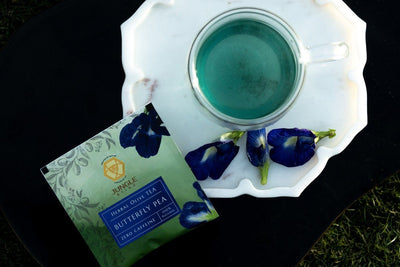 Butterfly Blue Pea Olive Tea | Antioxidant Herbal Infusion – Pyramid Tea Bags on Brown Living™. SKU: JS_BLUEPEAOLIVETEA. Img 2.
