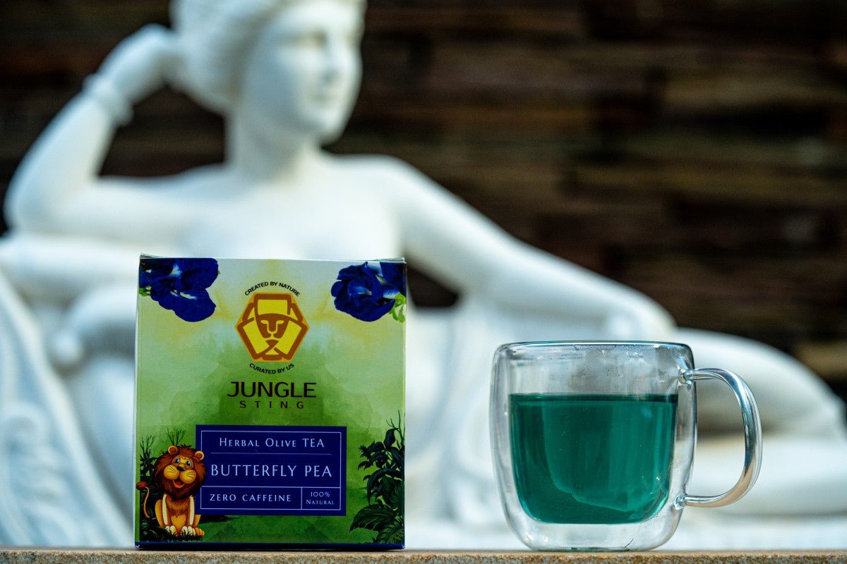 Butterfly Blue Pea Olive Tea | Antioxidant Herbal Infusion – Pyramid Tea Bags on Brown Living™. SKU: JS_BLUEPEAOLIVETEA. Img 1.