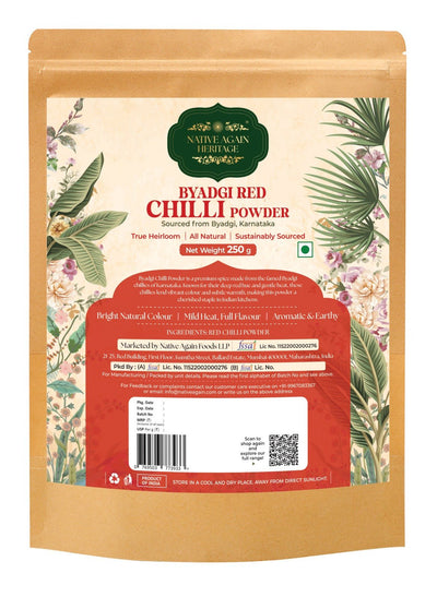 Byadgi Chilli Powder 250g – Mild & Deep Red Spice Powder – Cereal & Meusli on Brown Living™. SKU: I00016. Img 1.