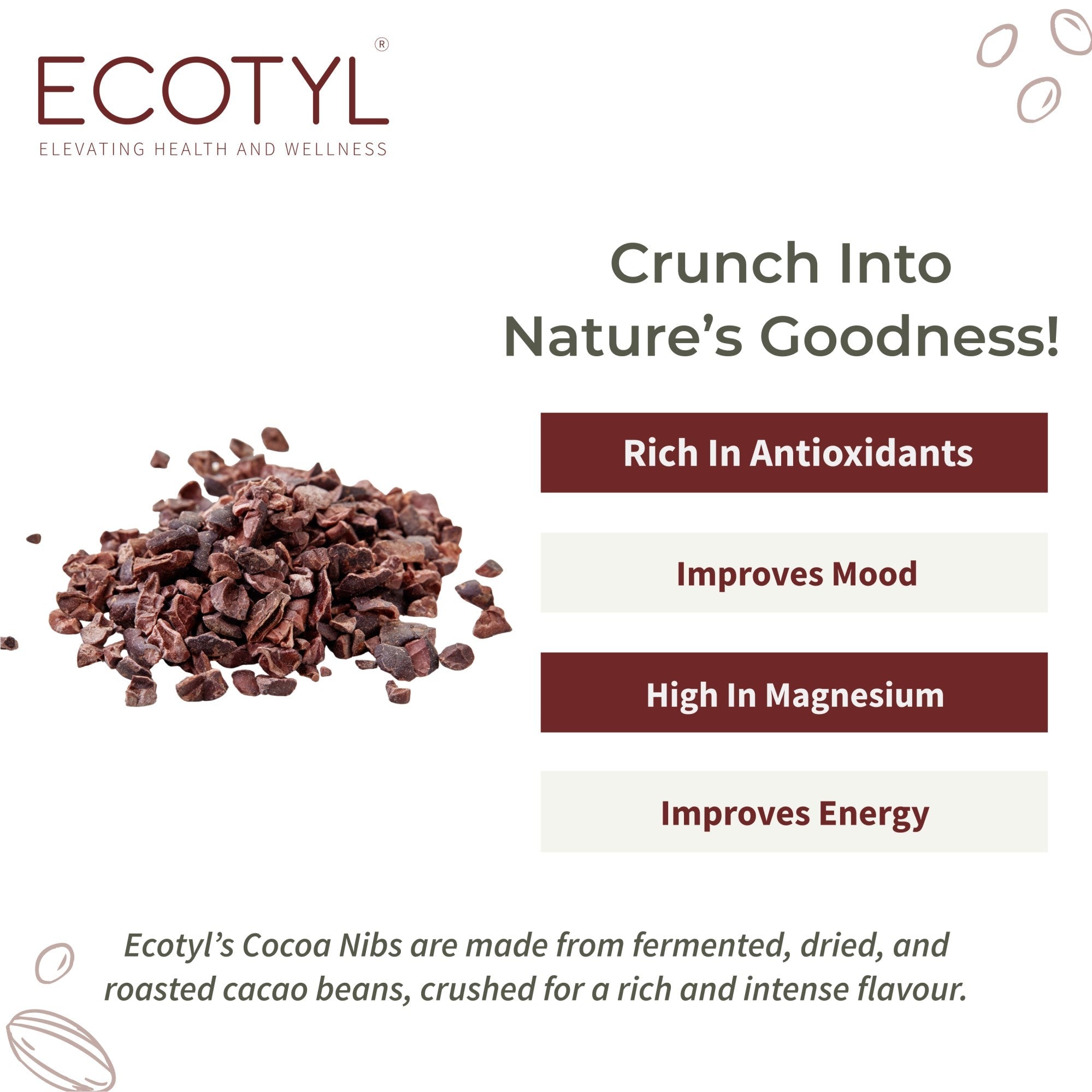 Cacao Nibs | Crunchy & Nutritious | High in Magnesium | 125g – Dried Fruits, Nuts & Seeds on Brown Living™. SKU: ECOTYL00046. Img 2.