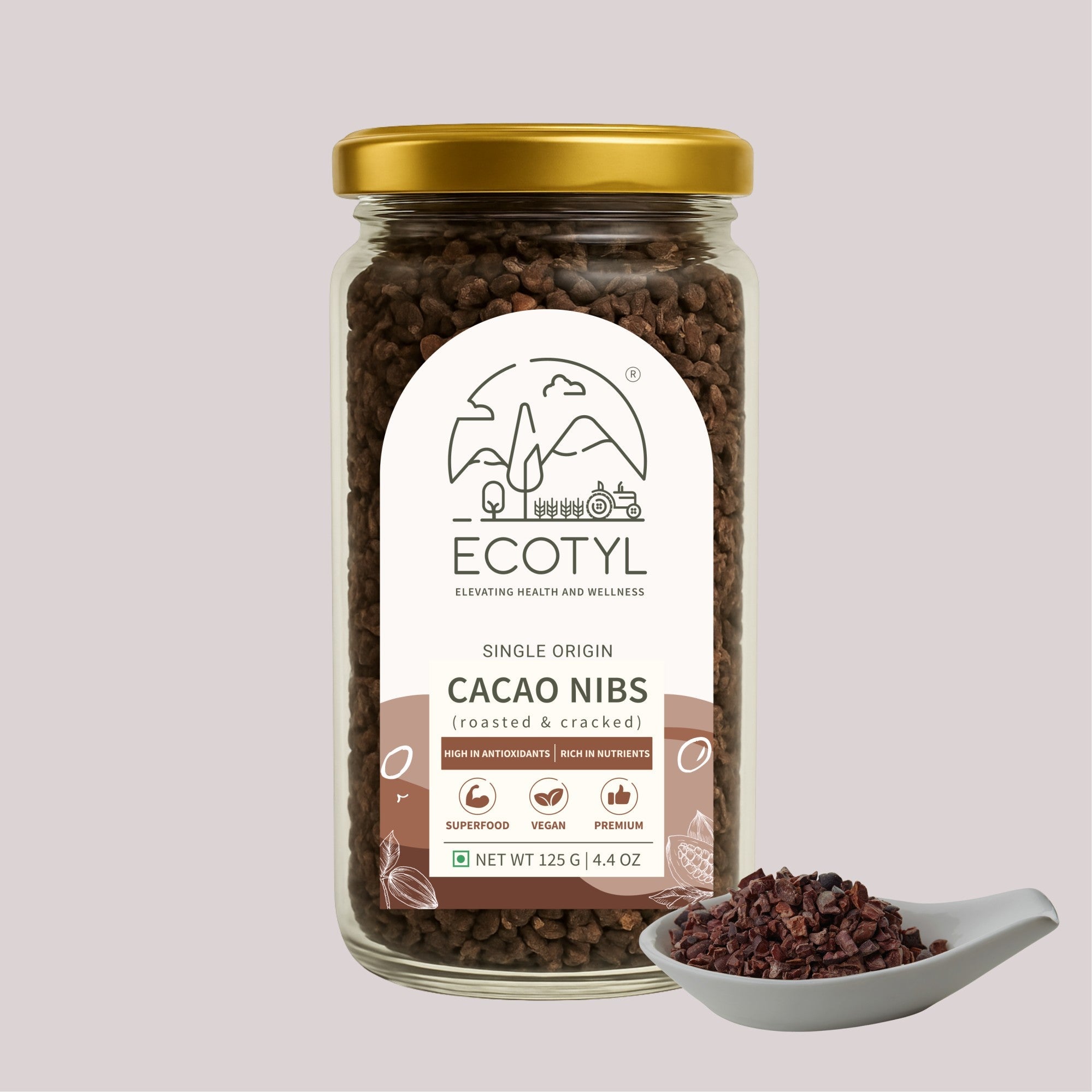 Cacao Nibs | Crunchy & Nutritious | High in Magnesium | 125g – Dried Fruits, Nuts & Seeds on Brown Living™. SKU: ECOTYL00046. Img 1.
