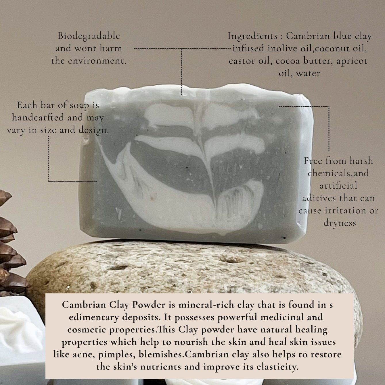 Cambrian Blue Clay Soap Cloud Fern – Deep Cleansing Natural Bar – Soap on Brown Living™. SKU: LN-CBS-01. Img 4.