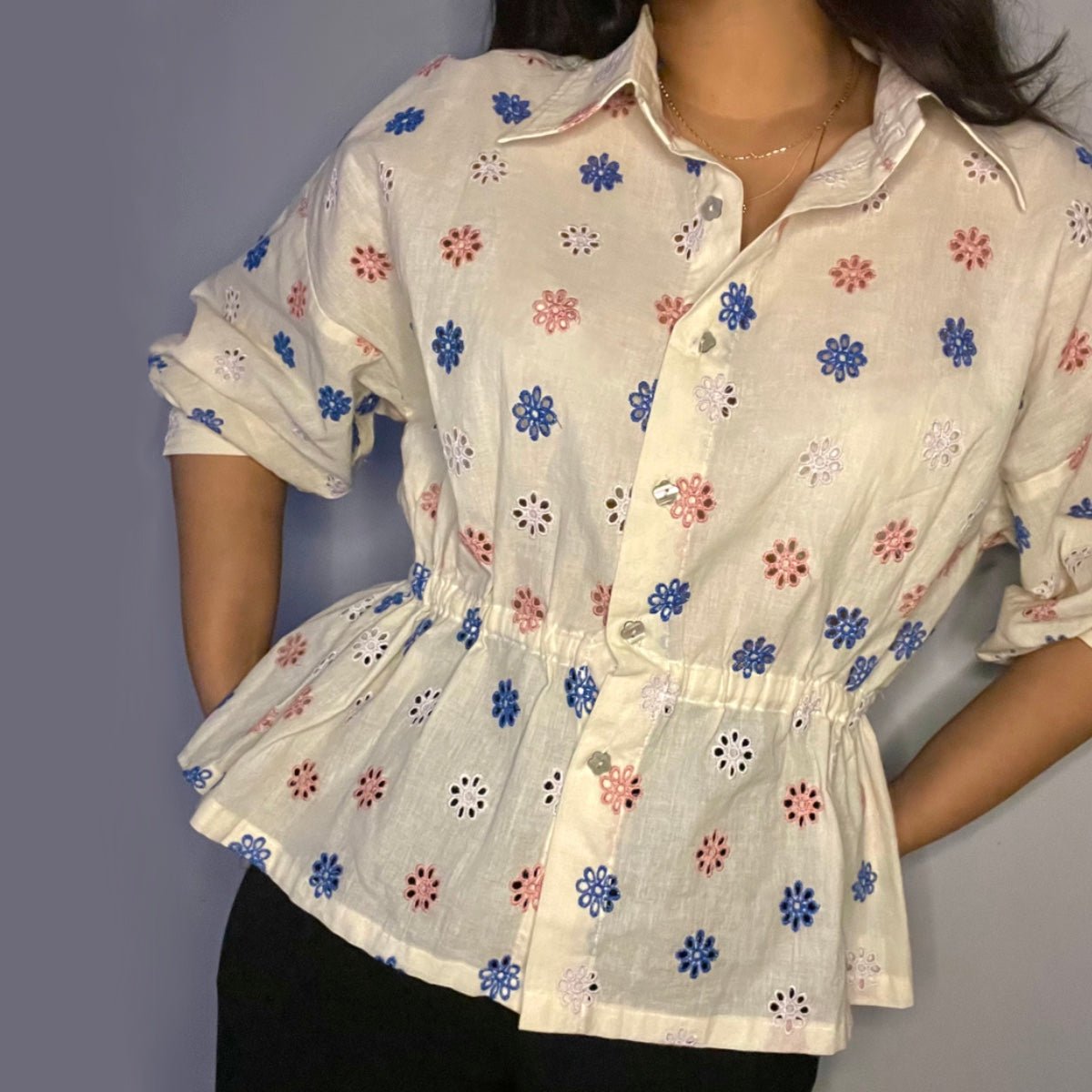 Cambridge Rose Shirt – Handmade Floral Design – Womens Top by erna available on Brown Living™. S . SKU: ER - CAMBRIDGE - SH - S - 001. Img 1.