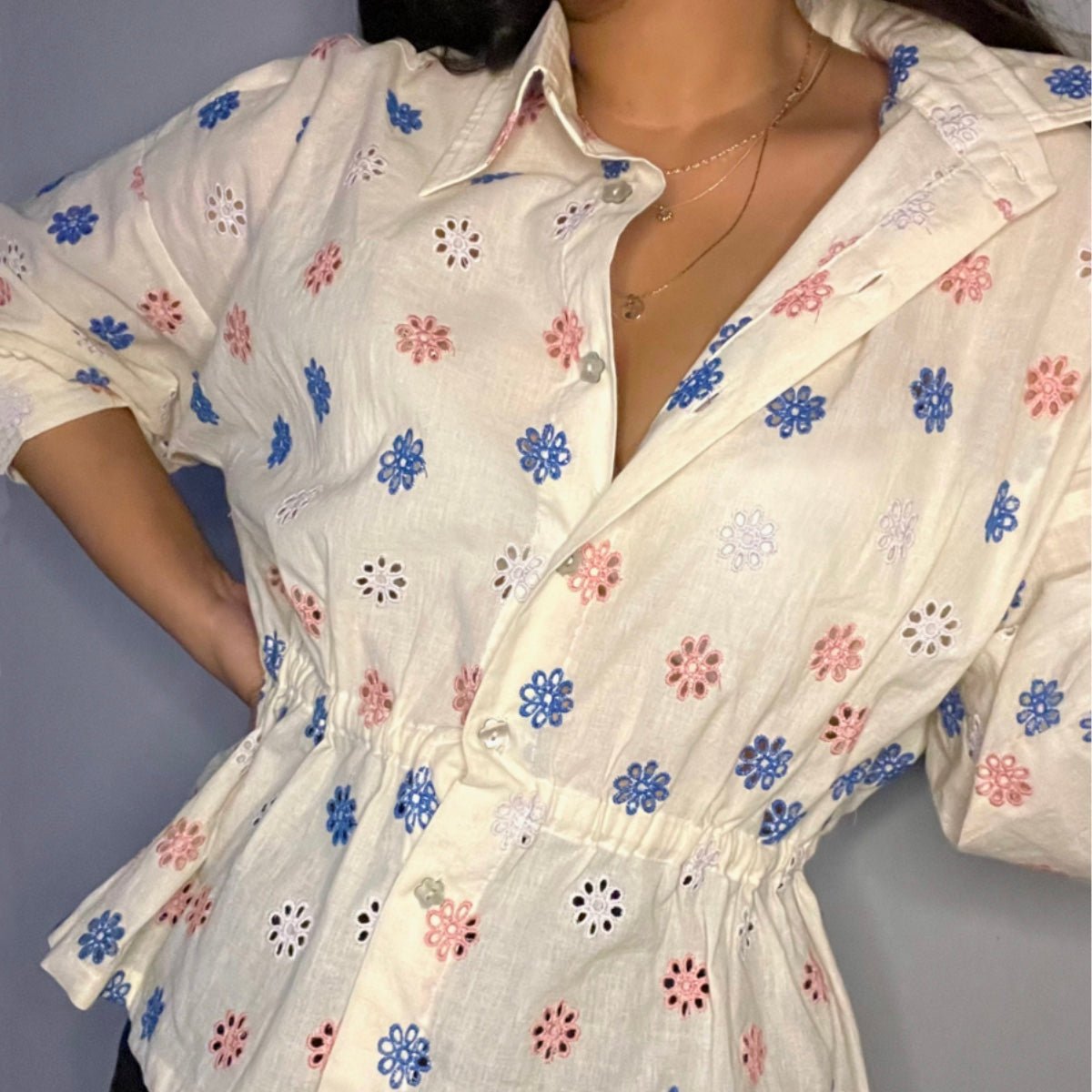Cambridge Rose Shirt – Handmade Floral Design – Womens Top by erna available on Brown Living™. S . SKU: ER - CAMBRIDGE - SH - S - 001. Img 2.