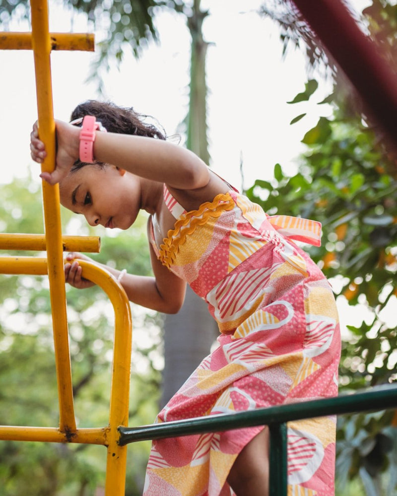 Candy Escape Printed Sleeveless Cotton Midi Dress with Tie - Up | Verified Sustainable Kids Frocks & Dresses on Brown Living™