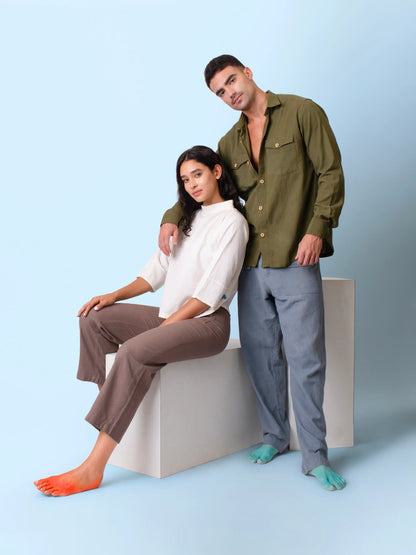 Canyon – Sustainable Cotton Linen Unisex Shirt with Flap Pockets – Men Shirt by Phuhar's available on Brown Living™. Olive Xs. SKU: pH1611. Img 8.