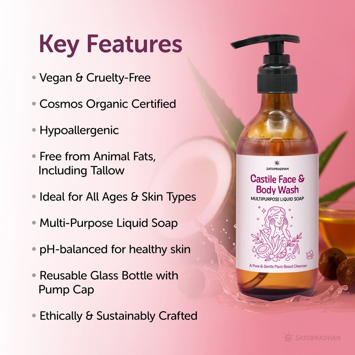 Castile Face & Body Wash – 200ml Natural, Organic, Pure & Vegan – Face Cleanser by SATOPRADHAN available on Brown Living™. . SKU: 3BC_CFBW - 2H. Img 3.