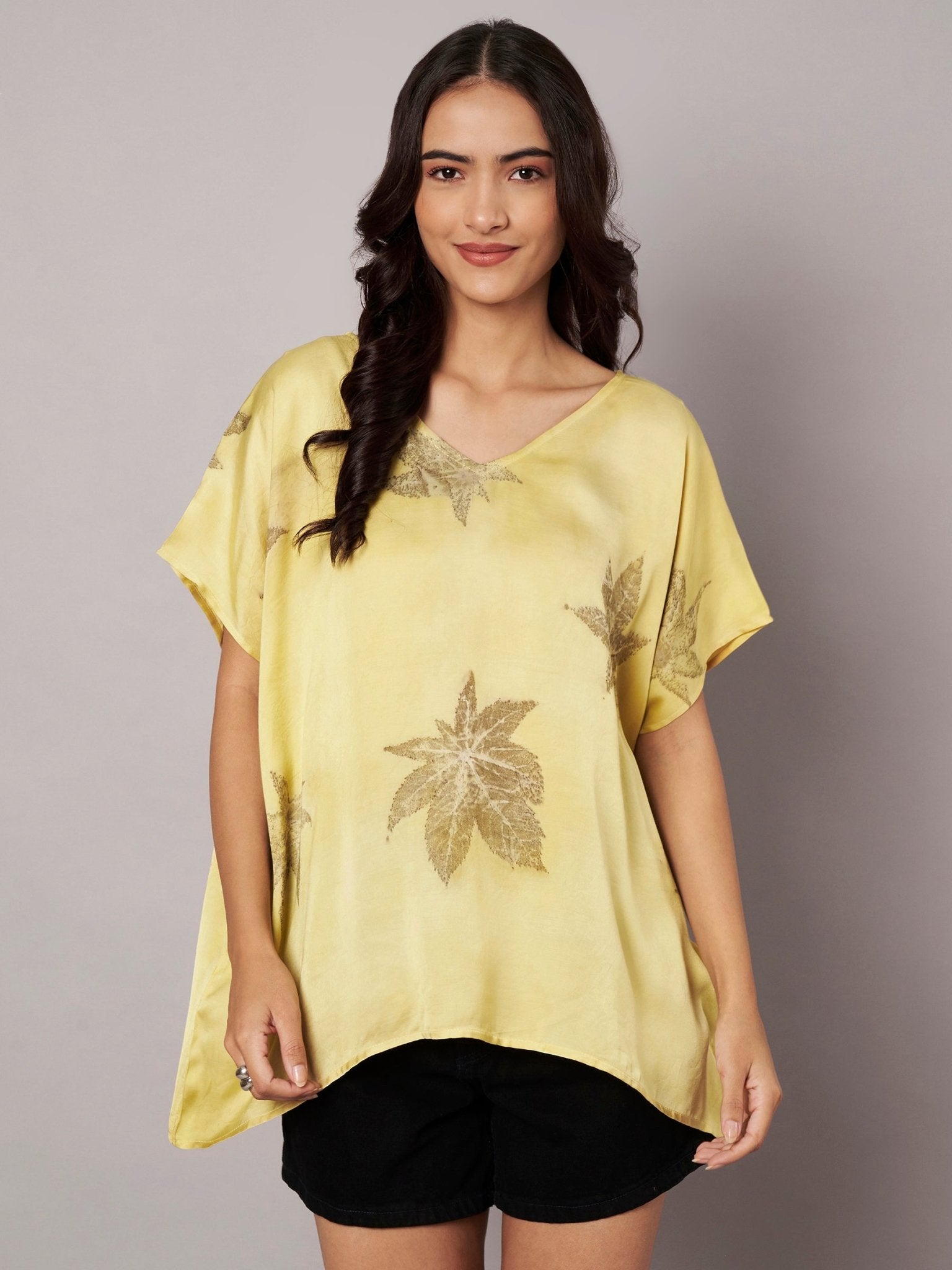 Castor Leaf Modal Satin Kaftan Top for Women – Womens Top on Brown Living™. SKU: fst5. Img 5.