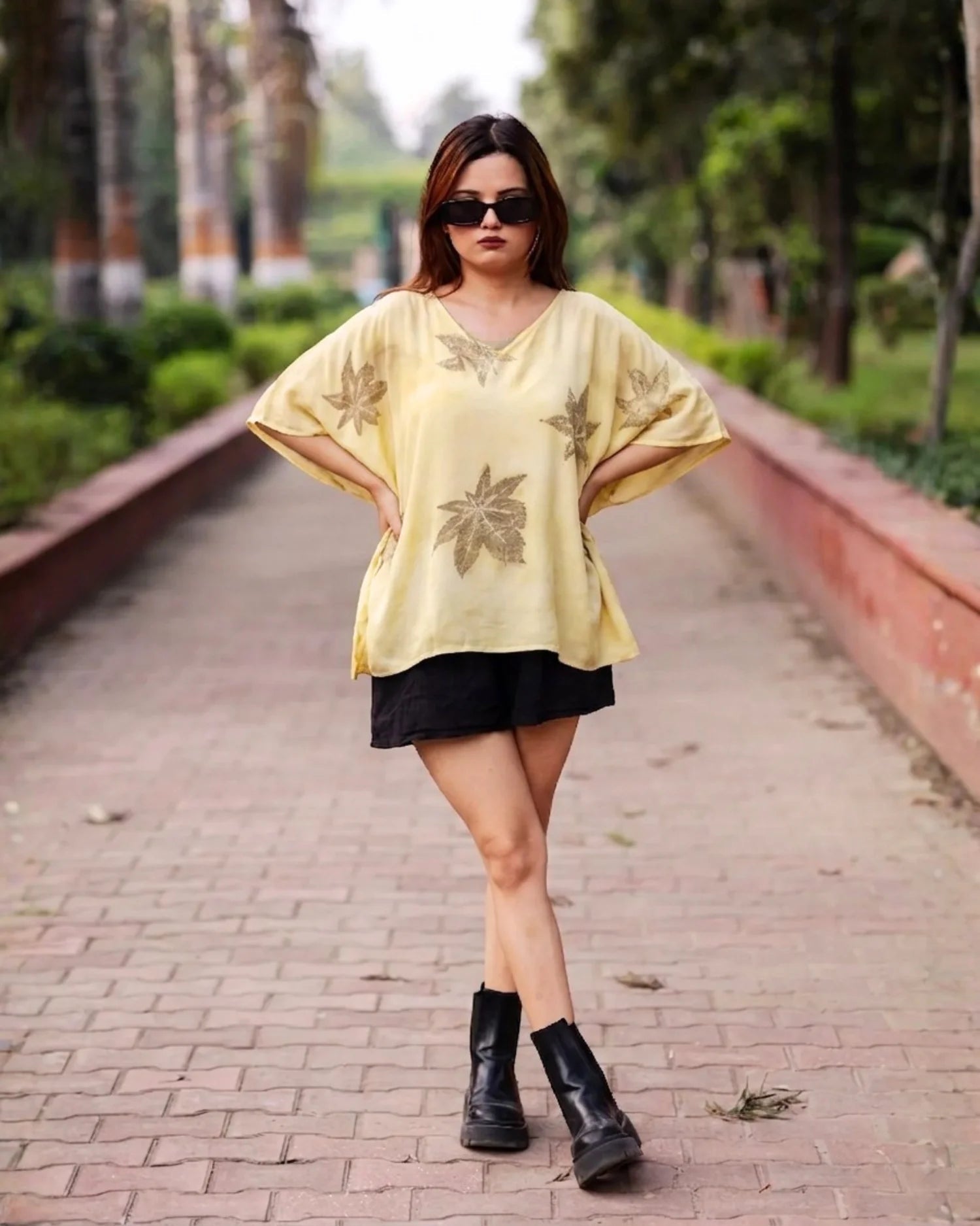 Castor Leaf Modal Satin Kaftan Top for Women – Womens Top on Brown Living™. SKU: fst5. Img 1.