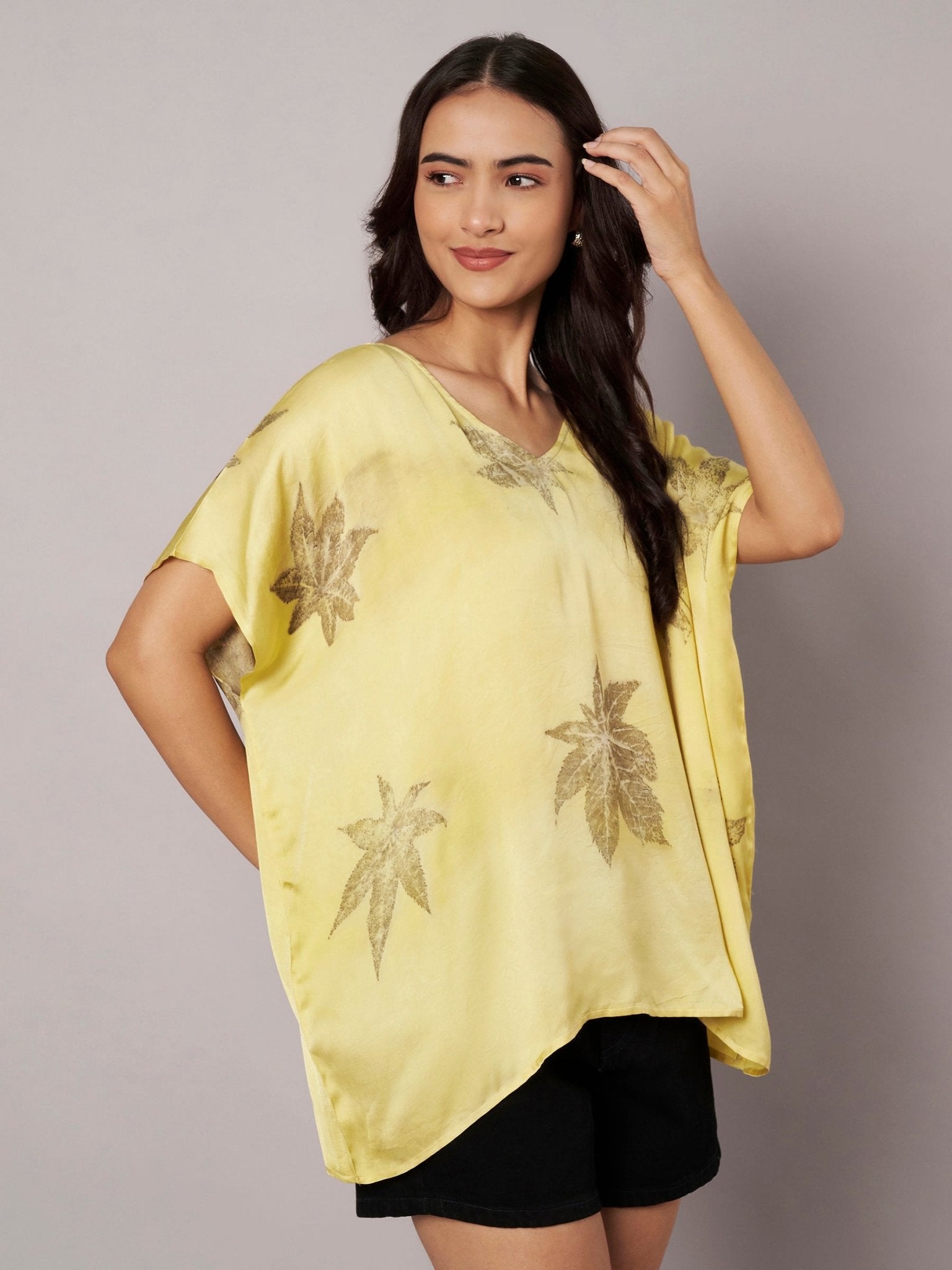 Castor Leaf Modal Satin Kaftan Top for Women – Womens Top on Brown Living™. SKU: fst5. Img 9.