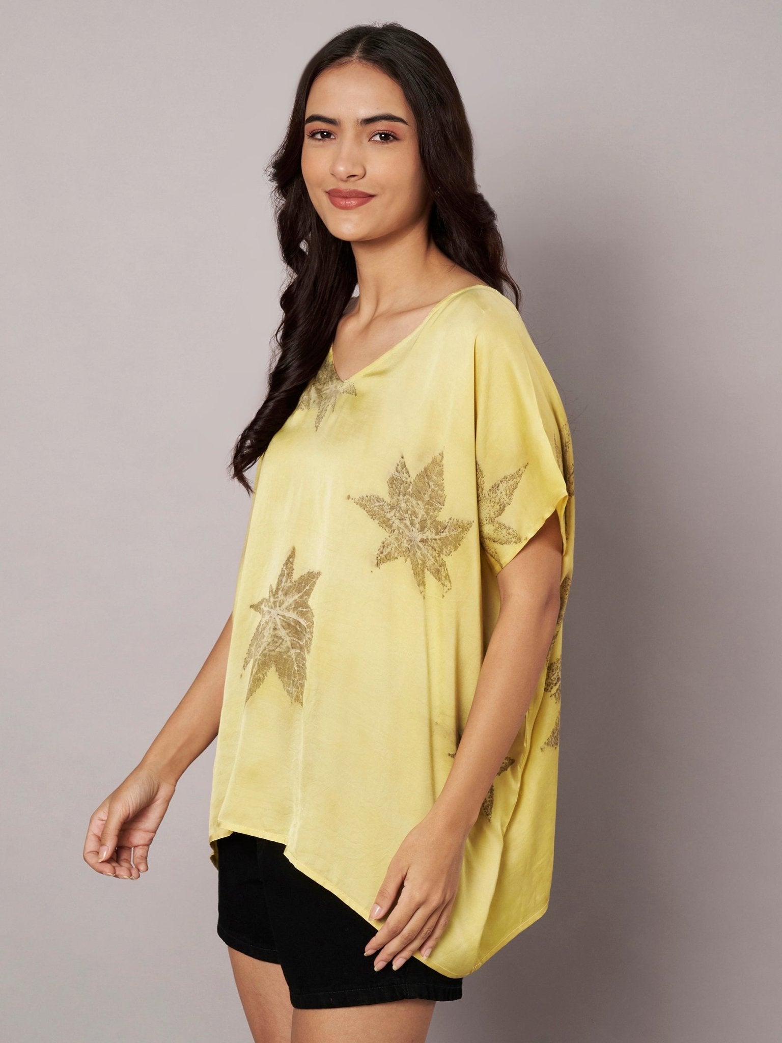 Castor Leaf Modal Satin Kaftan Top for Women – Womens Top on Brown Living™. SKU: fst5. Img 11.
