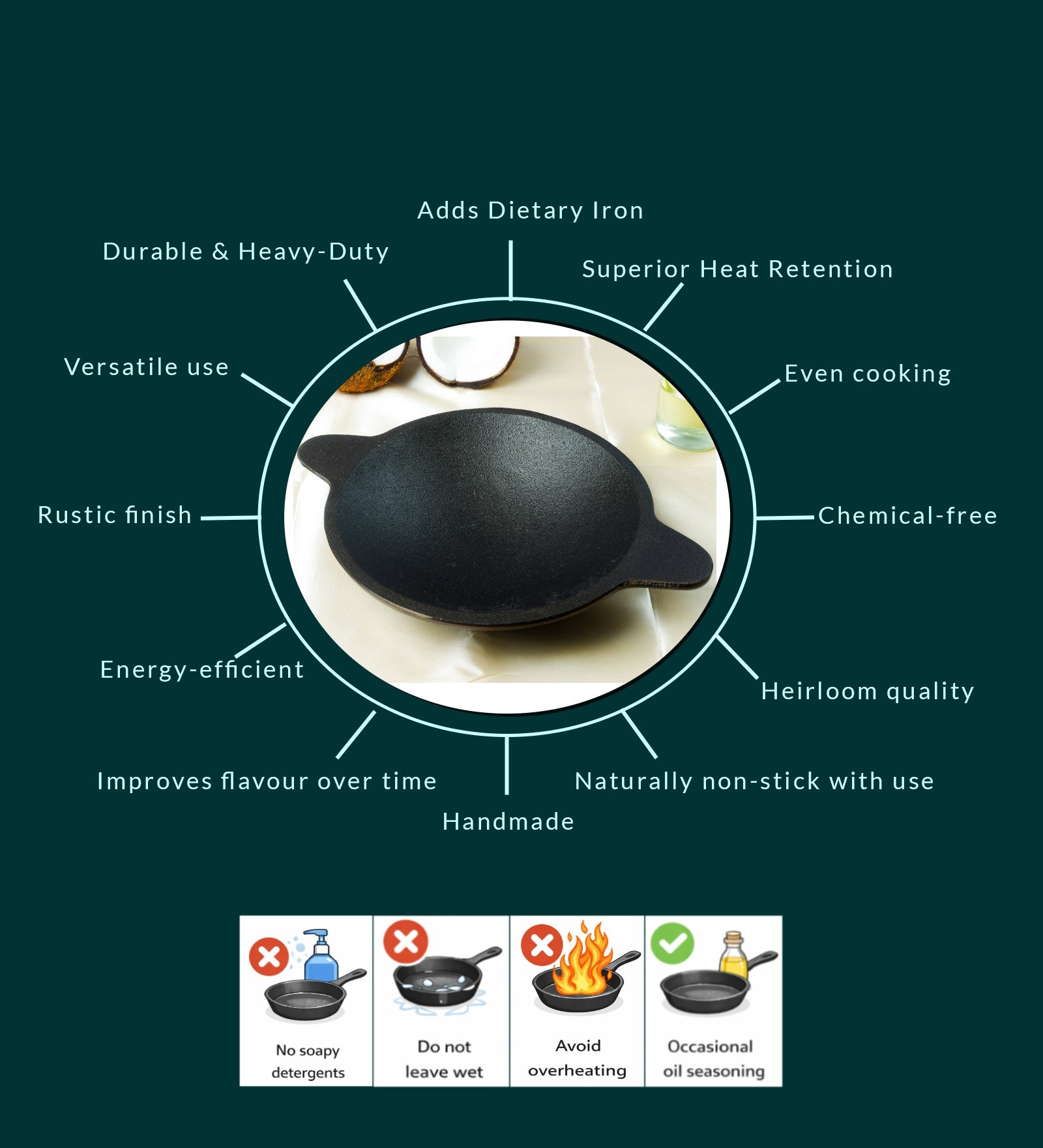 Castrong Handmade Cast Iron Appam Pan – Cookware on Brown Living™. SKU: CastIron-Appam-pan-1600g-packof1. Img 4.