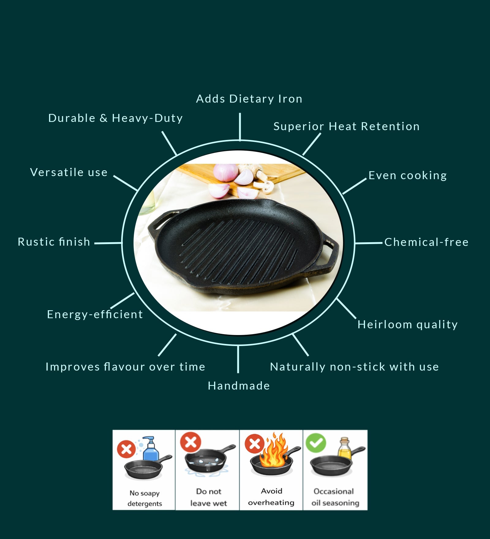Castrong Handmade Cast Iron Grill Pan – Cookware on Brown Living™. SKU: CastIron-Griill-pan-2700g-packof1. Img 4.