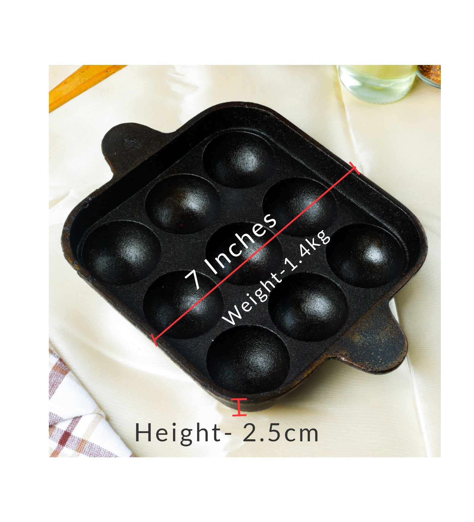Castrong Handmade Cast Iron Paniyaram Pan – Cookware on Brown Living™. SKU: CastIron-Paniyaram-Pan-1400g-packof1. Img 3.