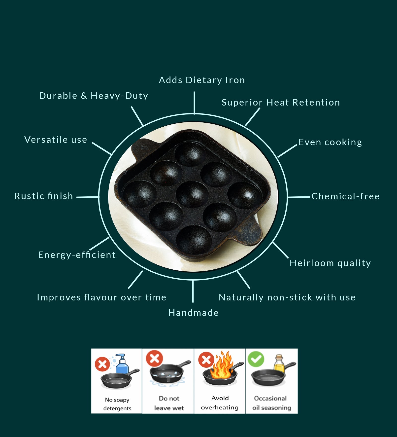 Castrong Handmade Cast Iron Paniyaram Pan – Cookware on Brown Living™. SKU: CastIron-Paniyaram-Pan-1400g-packof1. Img 4.