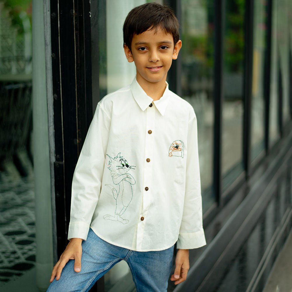 Cat and Mouse Cartoon Embroidered Organic Cotton Shirt - White – Kids Shirts on Brown Living™. SKU: NANFS001EMB044 - 18M. Img 1.