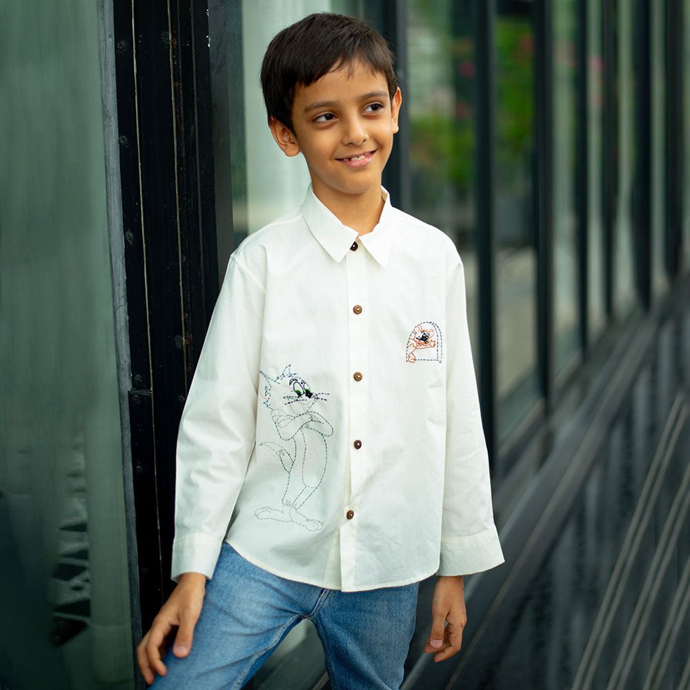 Cat and Mouse Cartoon Embroidered Organic Cotton Shirt - White – Kids Shirts on Brown Living™. SKU: NANFS001EMB044 - 18M. Img 4.