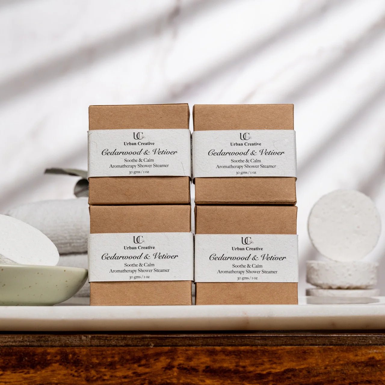 Cedarwood & Vetiver Shower Steamers – Calm & Relax Set of 4 – Bath Salt on Brown Living™. SKU: SS_4CV_GS. Img 3.
