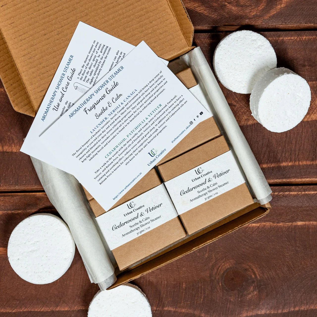 Cedarwood & Vetiver Shower Steamers – Calm & Relax Set of 4 – Bath Salt on Brown Living™. SKU: SS_4CV_GS. Img 4.