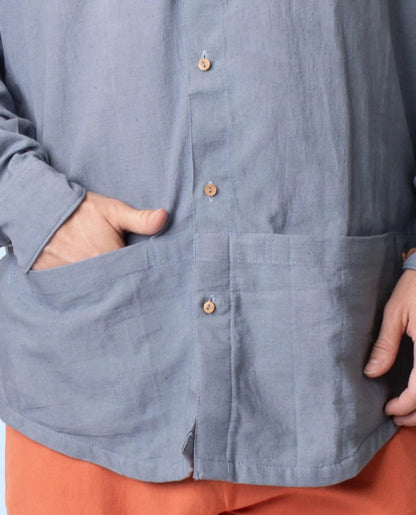 Ceylon – Handwoven Cotton Linen Functional Shirt – Men Shirt by Phuhar's available on Brown Living™. Grey Xs. SKU: pH2211. Img 11.