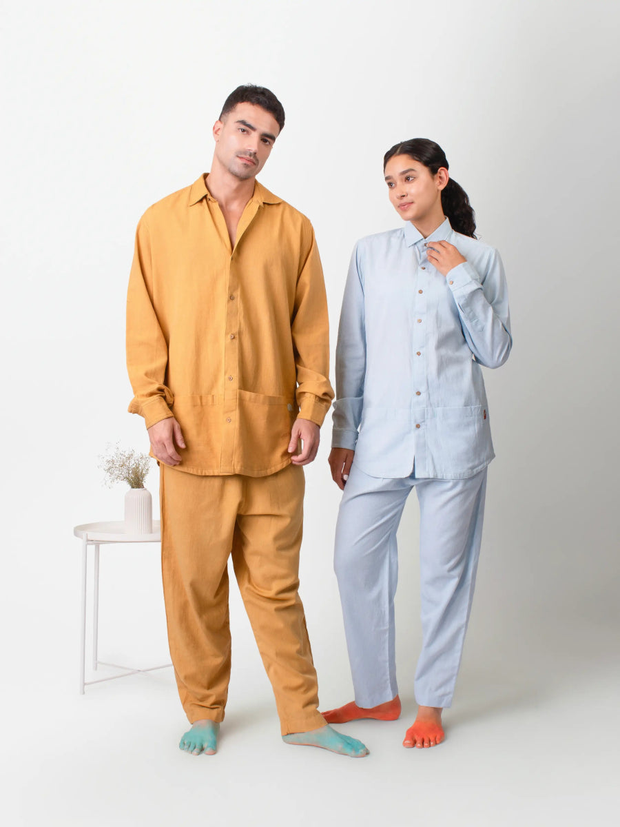 Ceylon – Handwoven Cotton Linen Functional Shirt – Men Shirt by Phuhar's available on Brown Living™. Mustard Xs. SKU: pH2261. Img 7.