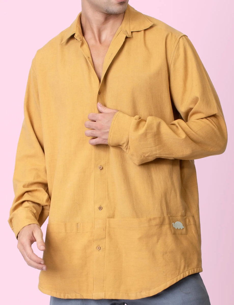 Ceylon – Handwoven Cotton Linen Functional Shirt – Men Shirt by Phuhar's available on Brown Living™. Mustard Xs. SKU: pH2261. Img 6.