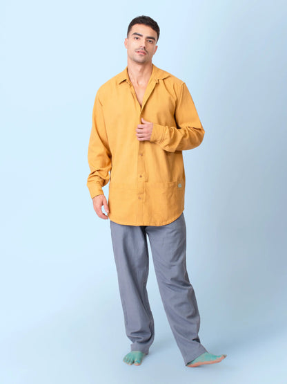 Ceylon – Handwoven Cotton Linen Functional Shirt – Men Shirt by Phuhar's available on Brown Living™. Mustard Xs. SKU: pH2261. Img 5.