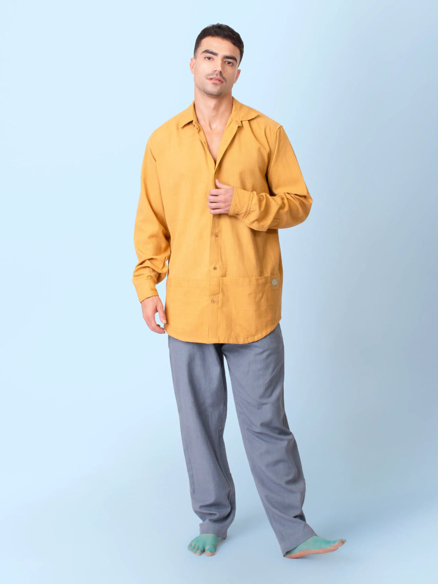 Ceylon – Handwoven Cotton Linen Functional Shirt – Men Shirt by Phuhar's available on Brown Living™. Mustard Xs. SKU: pH2261. Img 5.
