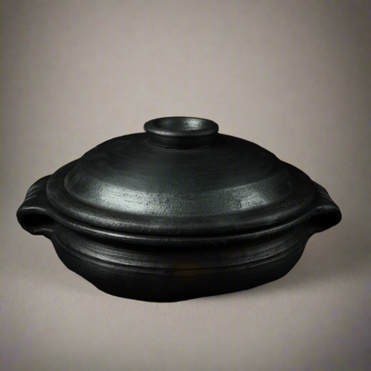 Chalakudy Terracotta Blackened Clay Uruli with Lid – Kitchen Tools on Brown Living™. SKU: CW4. Img 1.