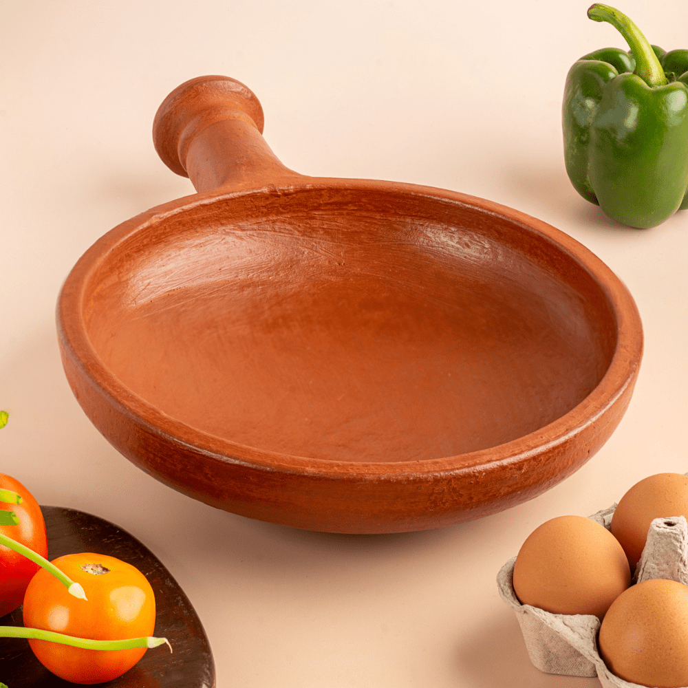 Chalakudy Terracotta Red Clay Sauté Fry Pan – Handmade Cookware – Cookware on Brown Living™. SKU: Cw14. Img 1.