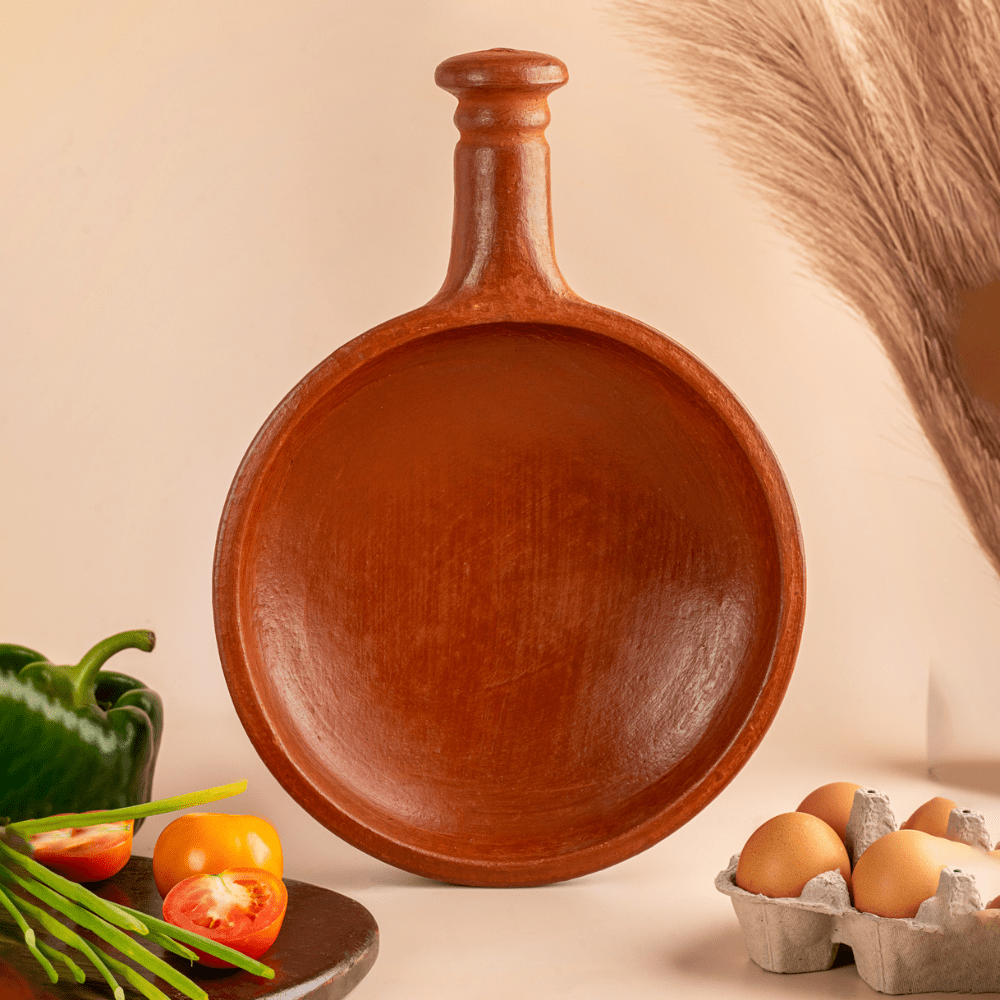 Chalakudy Terracotta Red Clay Sauté Fry Pan – Handmade Cookware – Cookware on Brown Living™. SKU: Cw14. Img 2.