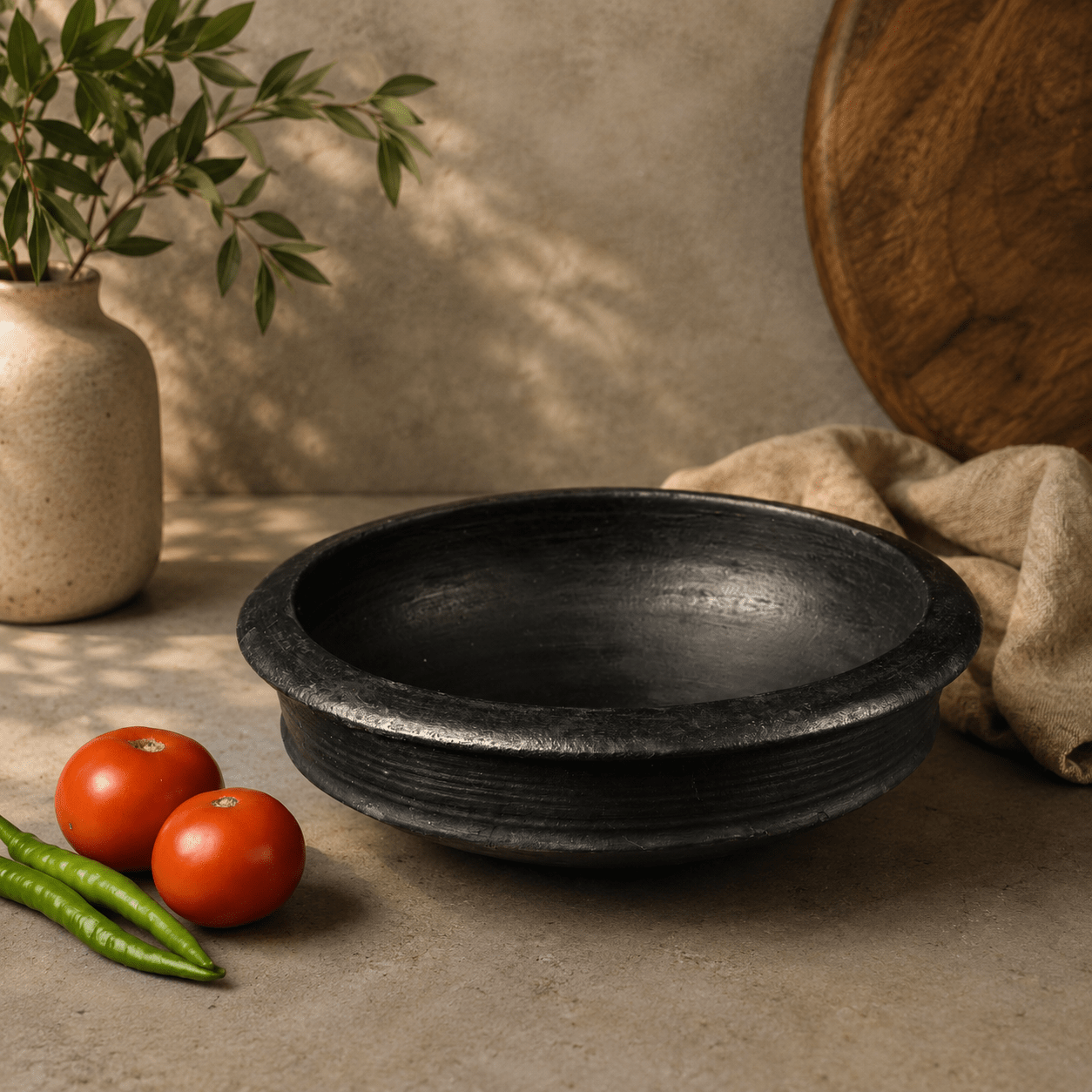 Chalakudy Terracotta Traditional Blackened Clay Fish Curry Chatti – Cookware on Brown Living™. SKU: CW6. Img 1.