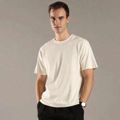 Chalk White Organic Cotton Half - Sleeve T-Shirt for Men – Mens T-Shirt on Brown Living™. SKU: OC-OW-TS-S. Img 4.