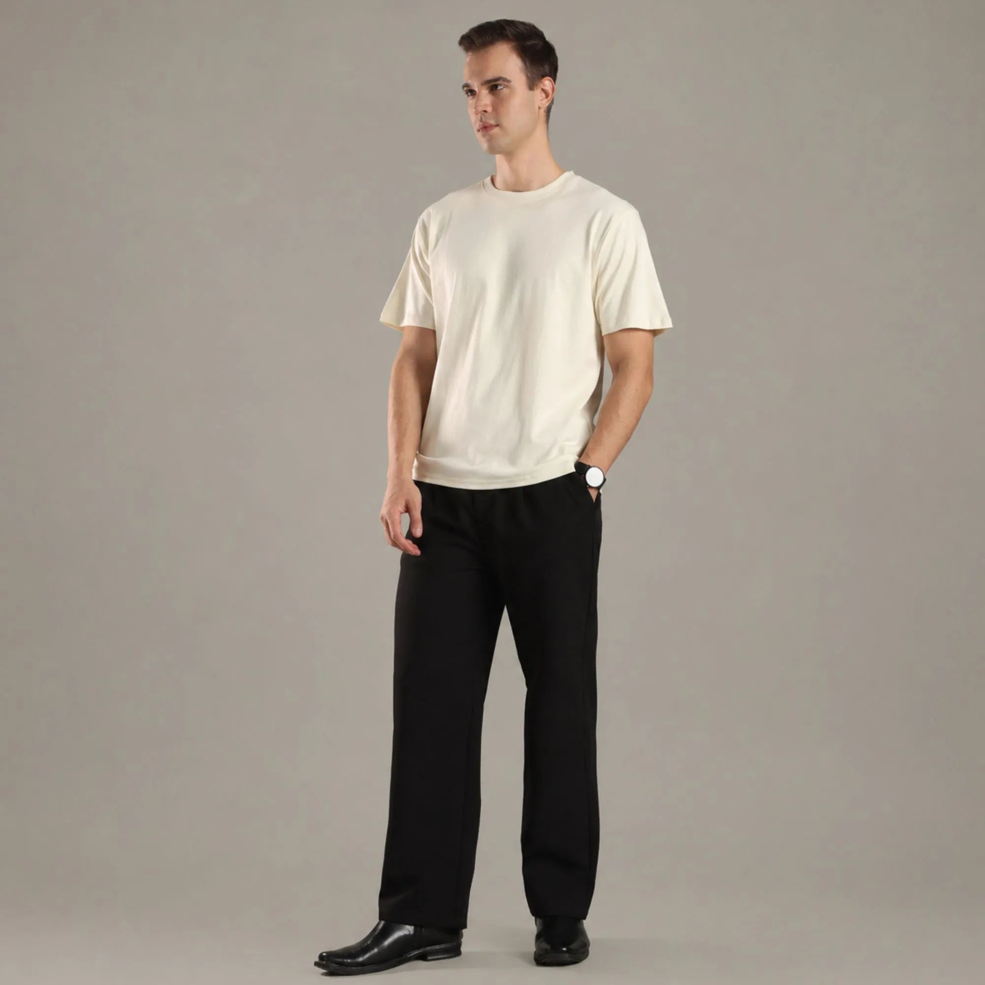 Chalk White Organic Cotton Half - Sleeve T-Shirt for Men – Mens T-Shirt on Brown Living™. SKU: OC-OW-TS-S. Img 5.